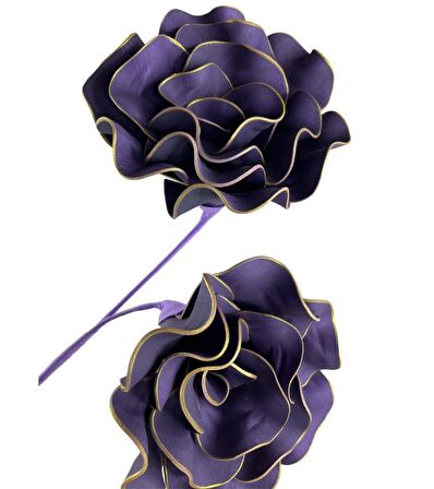 Latex Çiçek 2 Kafalı Siyam Gülü Yapay Çiçek Köpük Çiçek Gold Kenarlı Koyu Mor