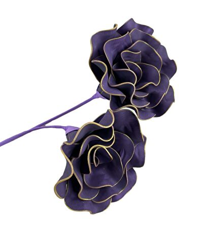 Latex Çiçek 2 Kafalı Siyam Gülü Yapay Çiçek Köpük Çiçek Gold Kenarlı Koyu Mor