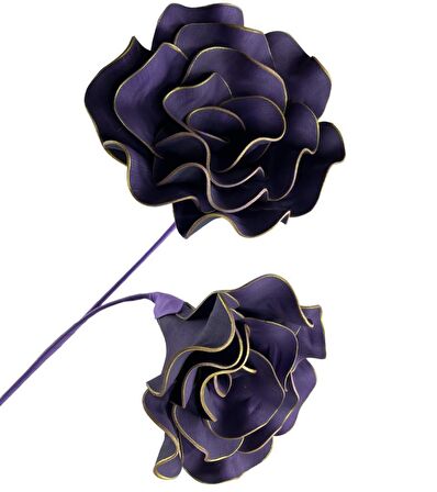 Latex Çiçek 2 Kafalı Siyam Gülü Yapay Çiçek Köpük Çiçek Gold Kenarlı Koyu Mor