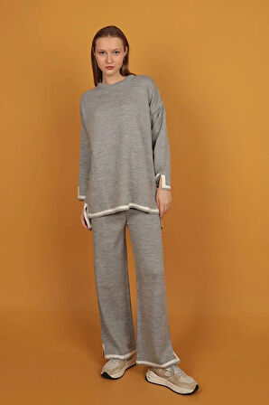 Yırtmaç Detaylı Triko 2li Takım Gri