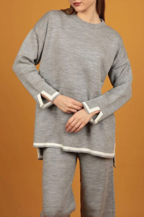 Yırtmaç Detaylı Triko 2li Takım Gri