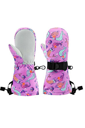 Petityu Su Geçirmez Kız Çocuk Bere Eldiven Set 2-4 Yaş Kayak Ve Snowboard Mor Denizkızı 2-4 Yaş