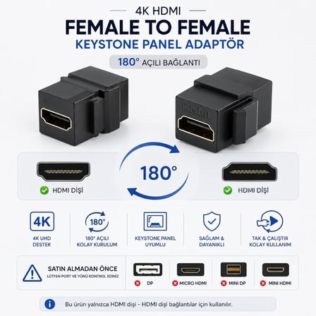 Lunatic 8960 HDMI 2.0 Dişi To Dişi Keystone Jack Adaptör Çevirici Uzatma Dönüştürücü Ara Bağlantı