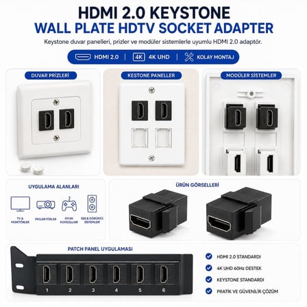 Lunatic 8960 HDMI 2.0 Dişi To Dişi Keystone Jack Adaptör Çevirici Uzatma Dönüştürücü Ara Bağlantı