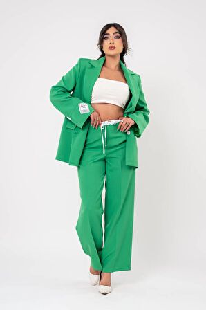 Etiket Baskılı Kol Detaylı Blazer Ceket Palazzo Pantolon Takım TKM16014