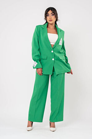 Etiket Baskılı Kol Detaylı Blazer Ceket Palazzo Pantolon Takım TKM16014