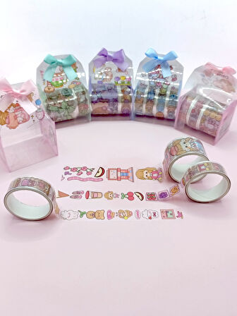 Fiyonk Çantalı Şirin Kız Ayı Tavşan Şeffaf Desenli Bant - Pembe