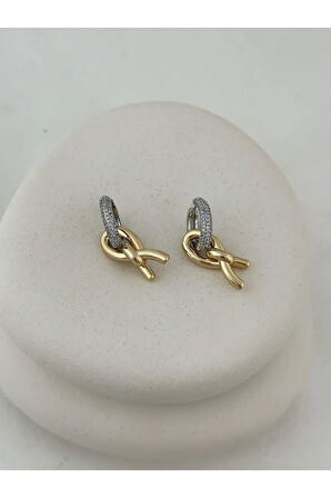 Düğüm Plakalı Zirkon Taşlı Küpe