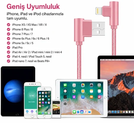 L Tipi 90° Açılı Lightning Şarj Kablosu iPhone Uyumlu Naylon Örgülü Dayanıklı Kablo