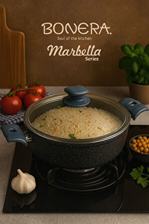 Ekonomik Seri 26 cm Cam Kapaklı Granit Pilav Tenceresi | Yanmaz Yapışmaz Özellikli