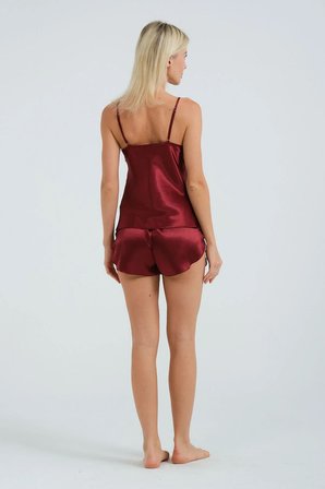 Laperissa Kadın Bordo Dantel Detaylı Saten Pijama Takımı Askılı XS