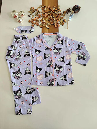 GÖZ BANTLI ÖNDEN DÜĞMELİ 2İPLİK KIZ ÇOCUK KUROMİ BASKILI PİJAMA TAKIMI