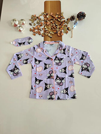 GÖZ BANTLI ÖNDEN DÜĞMELİ 2İPLİK KIZ ÇOCUK KUROMİ BASKILI PİJAMA TAKIMI