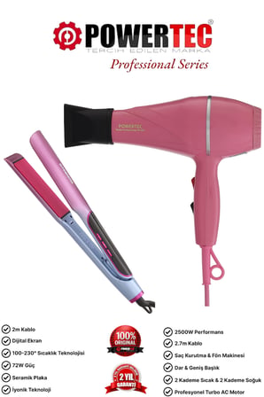 Powertec TR-501 Profesyonel Pembe Renkli Fön + TR-2830 İyon Teknoloji Saç Düzleştirici
