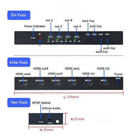 4K 60Hz HDMI Matrix 2x4 HDMI matrix değiştirici 2 4 Out HDMI dağıtıcı 