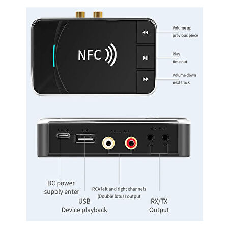 Bluetooth 5.0 NFC Alıcı Verici 3.5mm AUX HiFi Stereo Ses Adaptörü