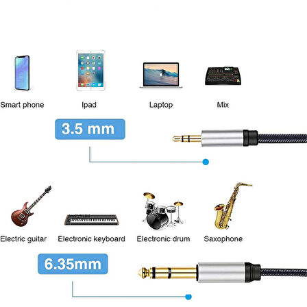 3,5mm -6,3mm stereo aux kablosu Bilgisayar anfi bağlantı kablosu 10m