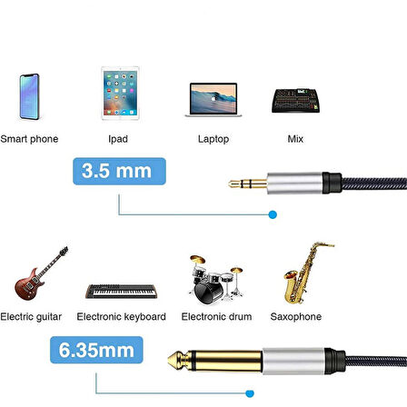 Bilgisayar anfi bağlantı kablosu 3,5mm stereo 6,3 mm mono jak 3m