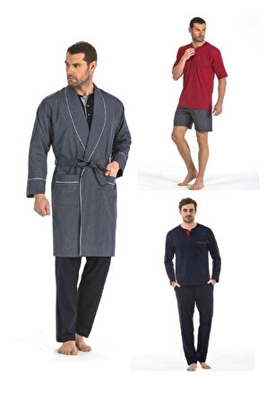 5560 Erkek Çeyizlik Beşli Rop Pijama Takım - Lacivert