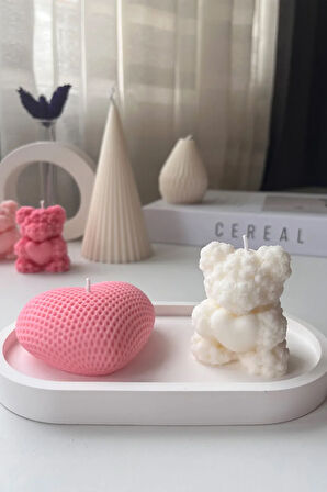 Kalp Figürlü Mum, Ayıcık Mum ve Dekoratif Tabak Seti