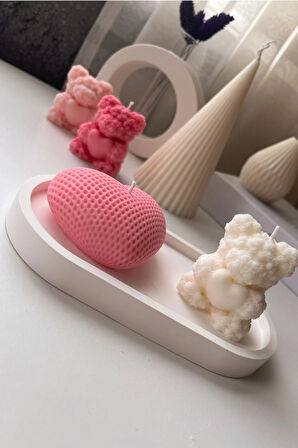 Kalp Figürlü Mum, Ayıcık Mum ve Dekoratif Tabak Seti