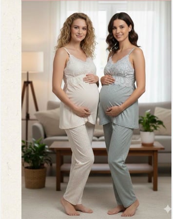 Bone Club  Ekru Keten  Penye Hamile Lohusa 3 Lü Pijama Sabahlık Tk