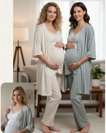 Bone Club  Ekru Keten  Penye Hamile Lohusa 3 Lü Pijama Sabahlık Tk