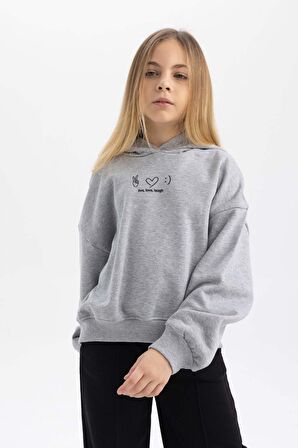 DeFacto Kız Çocuk Oversize Fit Kapüşonlu Baskılı İçi Yumuşak Tüylü Kalın Sweatshirt B2511A823WNGR379