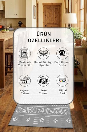 Ehl 173 Gri Modern Mutfak Halısı Yıkanabilir Kaymaz Su İtici