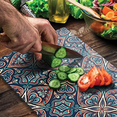 Decovetro Cam Kesme Tahtası Yeşil Çini Desenli 30x40 Cm