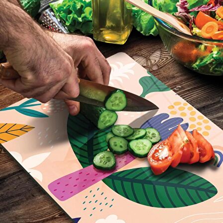 Decovetro Cam Kesme Tahtası Yeşil Pembe Lale Desenli 20x30 Cm
