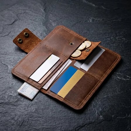 %100 Hakiki Deri Çıtçıtlı El Portföyü Cüzdan Telefon Bölmeli Cüzdan - 9x19 cm Taba