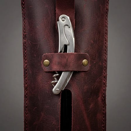 %100 Hakiki Deri Hediyelik Şarap Taşıma Çantası - Tirbüşon Tutuculu Şişe Çantası 31x15 cm Bordo