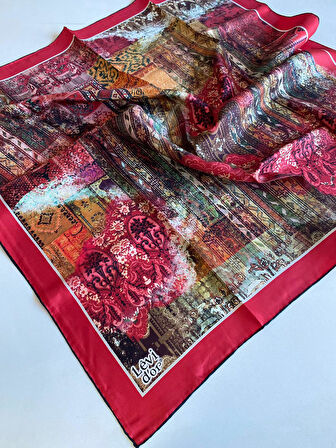 Levidor Tivil İpek Eşarp 40036 Kırmızı Karışık Desen