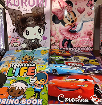 4 adet stickerli boyama kitabı (arabalar,minnie,kuromi,toca boca life figürlü)