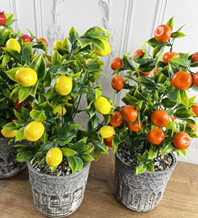 Yapay Çiçek 3 Adet Gri Seramik Saksıda Limon Nar Ve Mandalina Ağacı 40cm 