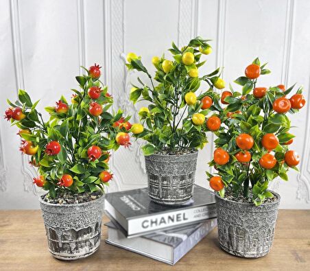 Yapay Çiçek 3 Adet Gri Seramik Saksıda Limon Nar Ve Mandalina Ağacı 40cm 