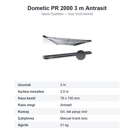 Dometic PerfectRoof PR 2000 Çatı Tipi Karavan Tentesi 3 m, Antrasit Kasa, Gri Kumaş (9103104433)