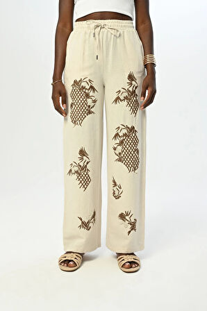 KADIN BELİ LASTİKLİ BOL PAÇA NAKIŞLI VE İNCİ İŞLEMELİ PANTOLON