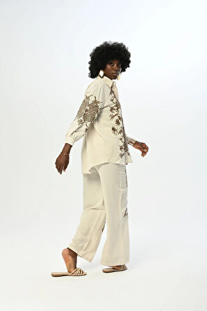 KADIN BELİ LASTİKLİ BOL PAÇA NAKIŞLI VE İNCİ İŞLEMELİ PANTOLON