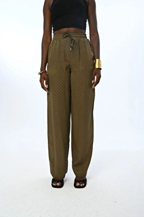 KADIN BELİ LASTİKLİ BOL PAÇA HAKİ RENK DESENLİ PANTOLON