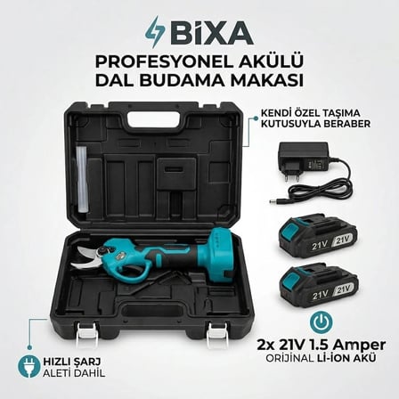 BİXA Profesyonel Akülü Dal Budama Makası - 21V 1.5 Amper Çift Akülü (2'li Batarya Seti) - Özel Taşıma Çantalı Şarjlı Budama Makası