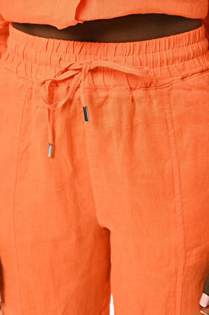 KADIN BELİ LASTİKLİ RAHAT KALIP DÜZ RENK KETEN PANTOLON