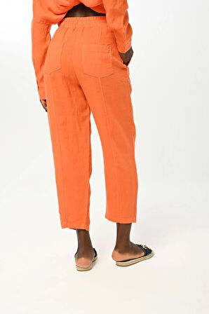 KADIN BELİ LASTİKLİ RAHAT KALIP DÜZ RENK KETEN PANTOLON