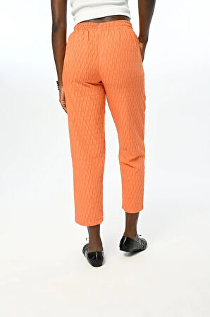 KADIN RAHAT KALIP BELİ LASTİKLİ DESENLİ TURUNCU PANTOLON