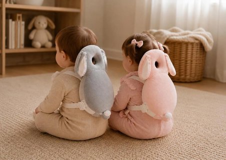 Teknor Bebek Baş Koruma Yastığı Tavşan Modeli ve İlk Adımlar İçin Düşme Önleyici Sırt Koruyucu  (Gri-Pembe)
