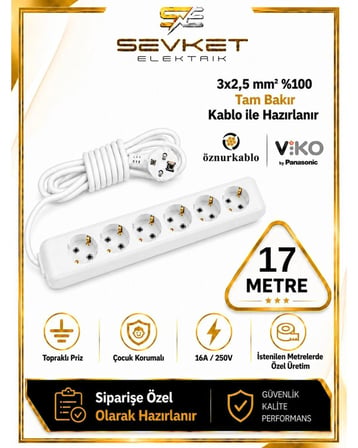 Viko 6'lı Grup Priz 17 Metre Beyaz 3x2,5 Mm Kalın Kablolu Uzatma Kablosu