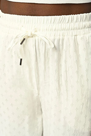 KADIN BELİ LASTİKLİ BOL PAÇA DESENLİ EKRU PANTOLON