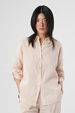 KADIN %100 KETEN KOLLARI DÜĞME DETAYLI GÖMLEK