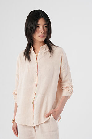 KADIN %100 KETEN KOLLARI DÜĞME DETAYLI GÖMLEK